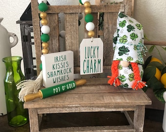 St. Patrick&#39;s Day Decor Bundle, Shamrock, Set of 3, Tiered Tray, Lucky Charm Garland, Rolling Pin, wooden tag, mini sign
