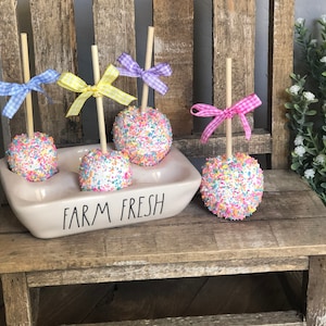 May include: Four white cake pops decorated with colorful sprinkles, each with a wooden stick and a pastel colored ribbon bow. The cake pops are displayed in a white ceramic holder with the words "FARM FRESH" printed on the front.