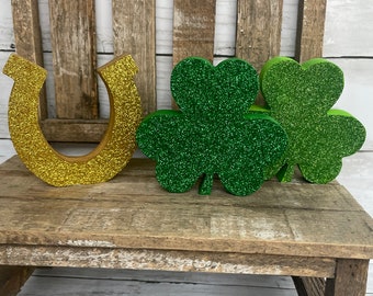 Glitter St. Patrick Day Wood Tiered Tray Decor, Shamrock, Horseshoe