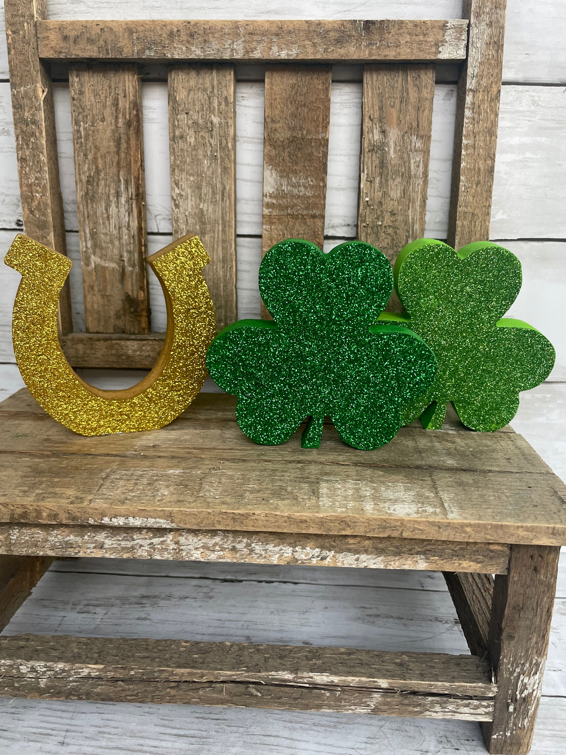 Glitter St. Patrick Day Wood Tiered Tray Decor, Shamrock, Horseshoe