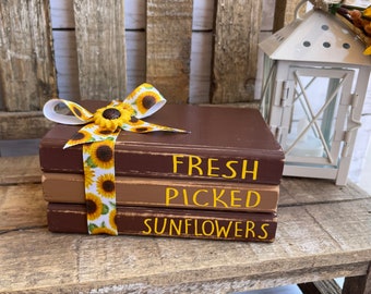 Sunflower-Fall-Stacks-Mini Book Bundle-Set 3 Wood Books-Fall-Tier Tray-Tiered Tray-Rae Dunn Inspired-Book Stamp-Faux Book