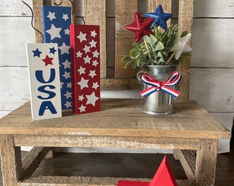 USA Decor Bundle, 4th of July Tiered Tray, America Garland, Fireworks Rolling Pin, wood, USA mini sign, Firecrackers, Stars