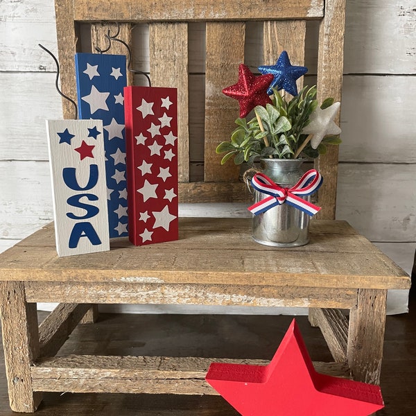 USA Decor Bundle, 4th of July Tiered Tray, America Garland, Fireworks Rolling Pin, wood, USA mini sign, Firecrackers, Stars