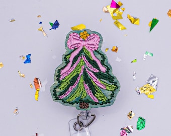 Christmas Tree Badge, Vintage Christmas Badge Reel, Christmas Nurse Badge, Christmas Teacher Badge, Pink Christmas Tree Badge,