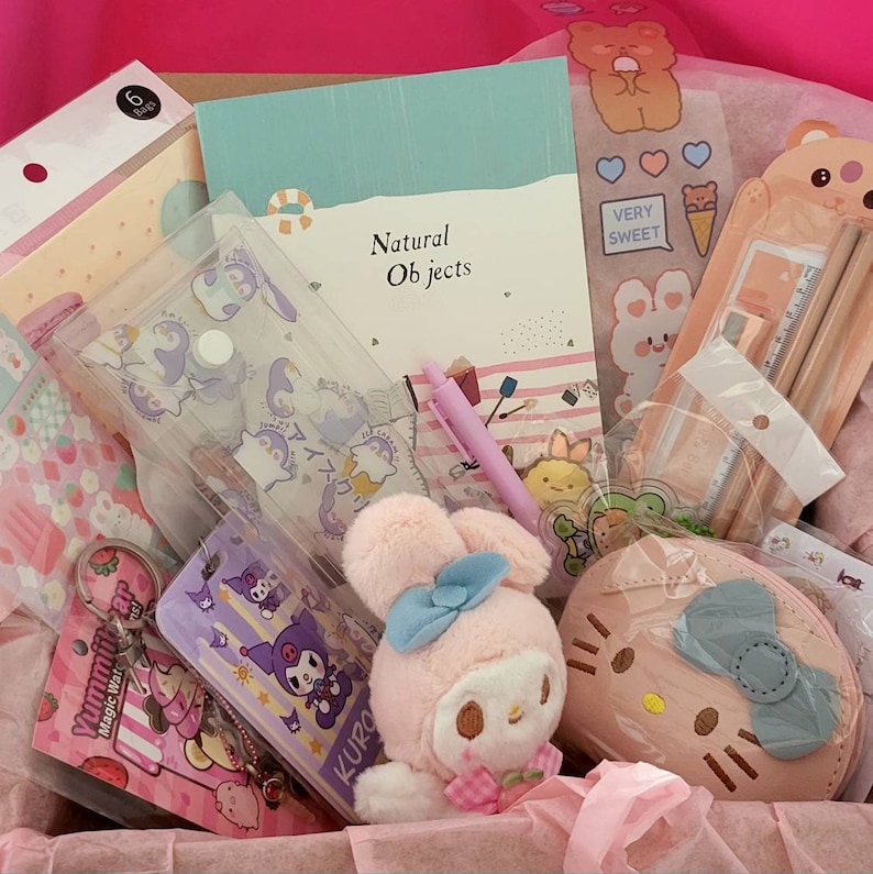 May include: A pink gift box filled with various stationery items, including a notebook with the text "Natural Objects", a clear plastic pouch with penguin stickers, a pink plush bunny with a blue bow, a pink and gray purse with a bow, and a pink ruler with a white and pink design.