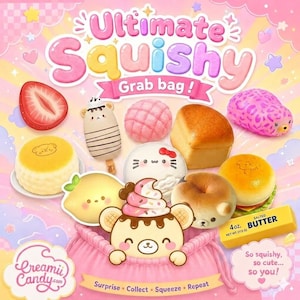 Può includere: Immagine promozionale per un "Ultimate Squishy Grab Bag!" con vari giocattoli morbidi a forma di cibo, tra cui una fragola, pane e un dessert a forma di orso. L'immagine ha uno schema di colori rosa e pastello.