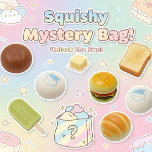 Puede incluir: Imagen colorida con varios juguetes blandos, incluyendo una hamburguesa, pan y helado. El texto "Squishy Mystery Bag! Unlock the Fun!" se muestra sobre una bolsa con un signo de interrogación. El fondo es pastel con formas de estrella.