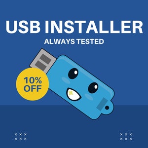 May include: A blue USB drive with a smiling face and a yellow circle with the text "10% OFF". The text "USB INSTALLER ALWAYS TESTED" is at the top of the image.