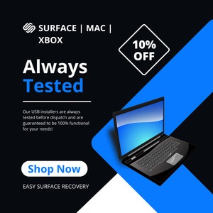 May include: A black laptop computer with a blue screen is shown on a blue and white background. The text "Always Tested" is in large white letters on a black background. The text "10% OFF" is in a white diamond shape on a blue background. The text "Shop Now" is in a white rectangle on a blue background. The text "EASY SURFACE RECOVERY" is in white letters on a black background.
