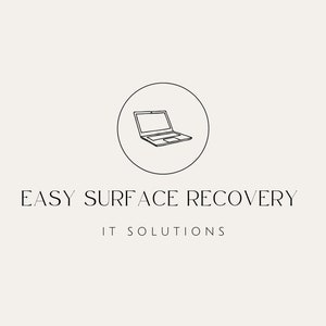 May include: A black and white illustration of a laptop computer inside a circle. The text "EASY SURFACE RECOVERY IT SOLUTIONS" is below the circle.