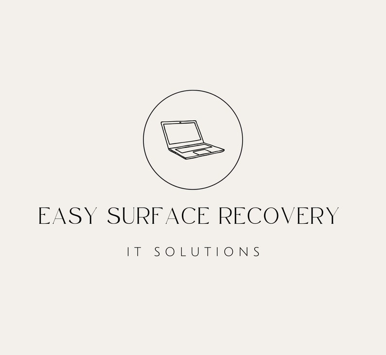 May include: A black and white illustration of a laptop computer inside a circle. The text "EASY SURFACE RECOVERY IT SOLUTIONS" is below the circle.