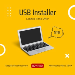 May include: A silver laptop computer with a black screen and a white keyboard. The laptop is on a yellow background with a white circle and a speech bubble with the text "10%". The text "USB Installer" is at the top of the image, and the text "Limited Time Offer" is below it. The text "EasySurfaceRecovery" is in the bottom left corner, and the text "Buy Now" is in a red button in the bottom center. The text "Microsoft | Mac | XBOX" is in the bottom right corner.