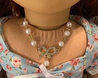 Gold Bow & Pearl Necklace for 18 Inch Dolls/ Gems/ Coquette