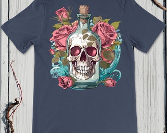 Camisa calavera en botella, niños rosas, moda de renovación de la naturaleza, camisa de arte ecológico, top místico, niños góticos