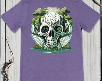 Camisa de calavera verde pálido, inspiración de la naturaleza para niños, renovación de la naturaleza, moda para niños, calavera artística, motivo de la isla verde