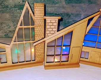 Moderne houten huizencabine voor kerstdorpdecoratie, moderne decoraties uit het midden van de eeuw