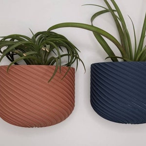 May include: Two wall-mounted planters, one terracotta and one navy blue, each holding green plants. The planters have a textured, ridged design. The plants have long, slender leaves, adding a touch of nature to the decor.