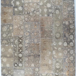 Hand Knotted Wool Silk Patchwork Area Rug 10x14, Vintage Persian Floral Carpet, Gray Beige Taupe Distressed Rug, Large Living Room Decor