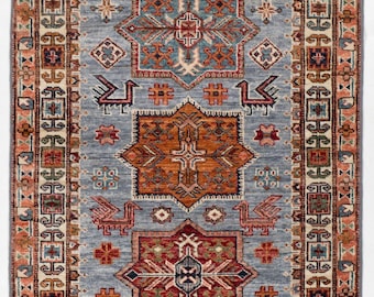 Handgeknüpfter Kazak Teppich 100x150 Afghan Wollteppich, Geometrische Stammes Teppich, Orientalischer Akzent Teppich