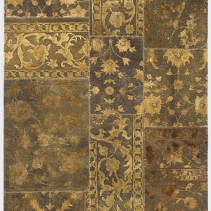 Patchwork Wool Silk Rug - Hand Knotted Indian Area Rug - Distressed Gold Brown Rug - Vintage Traditional Collage Rug 5x8