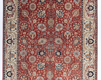 Hand Knotted Tabriz Rug 8x10, Afghan Wool Area Rug, Traditional Floral Carpet, Handmade Oriental Rug, Red Classic Living Room Rug
