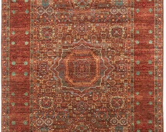 Tappeto in lana Mamelucca color ruggine 4x6, tappeto con medaglione geometrico annodato a mano, elegante tappeto tradizionale artigianale