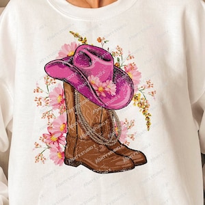 Cowgirl Hat And Flower Sublimation Design, Valentine&#39;s Day Boots PNG, Western Valentines Day Pink Sublimation, Digital Download PNG