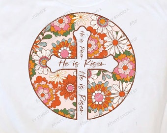 He is Risen PNG: Easter Floral Cross, Christian Sublimation (Digital PNG File)