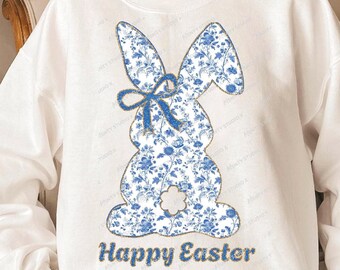 Blue Floral Easter Bunny PNG: Chinoiserie Rabbit (Digital Download)