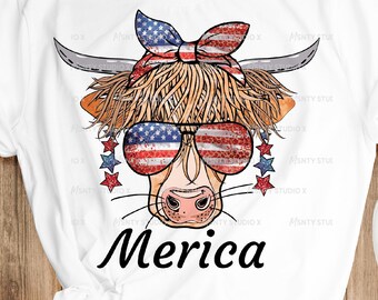 Highland Cow 4th of July PNG: Patriotic Sublimation Design (Digital Download)