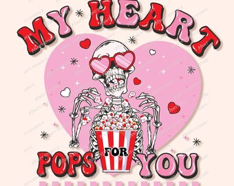 Retro Valentine Skeleton PNG: My Heart Pops For You (Digital File)