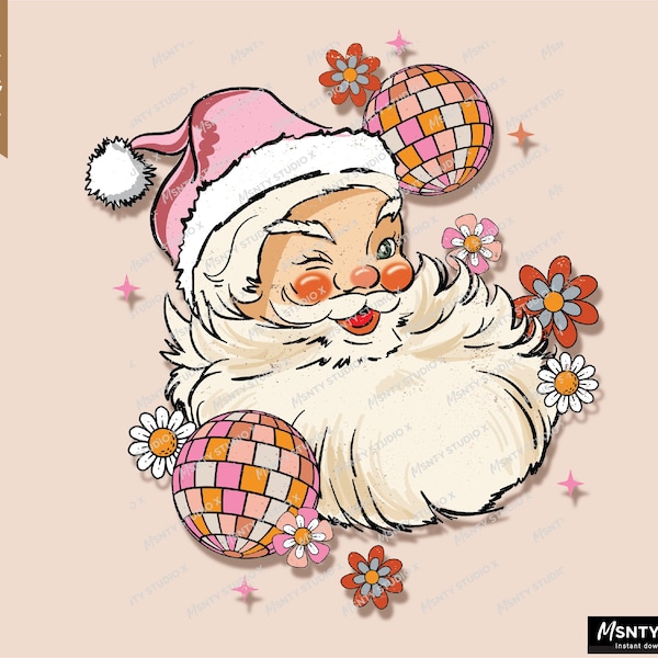 Disco Santa Claus PNG , Christmas Sublimation , christmas flowers, preppy santa png, groovy christmas png, disco png , Digital Download