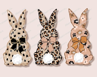 Hand-Painted png Design , Neutral Easter Bunnies , Sublimation and DTF Design , Leopard Checkered Patterns Coquette ,Digital Download