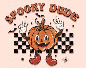 May include: A retro-style illustration of a smiling pumpkin with peace signs, wearing red boots and the text "Spooky Dude" in orange and brown letters. The background is a checkered pattern with stars and bats.