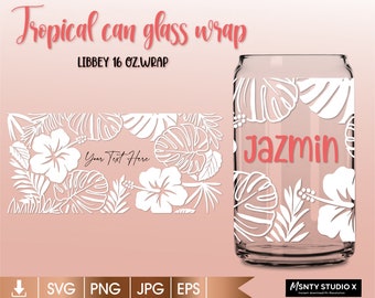 Full wrap Tropical Leaf Glass Wrap Svg,Summer tropical leaf can glass svg,Monstera svg,16oz Libbey Can Glass Wrap,for Circut cut file