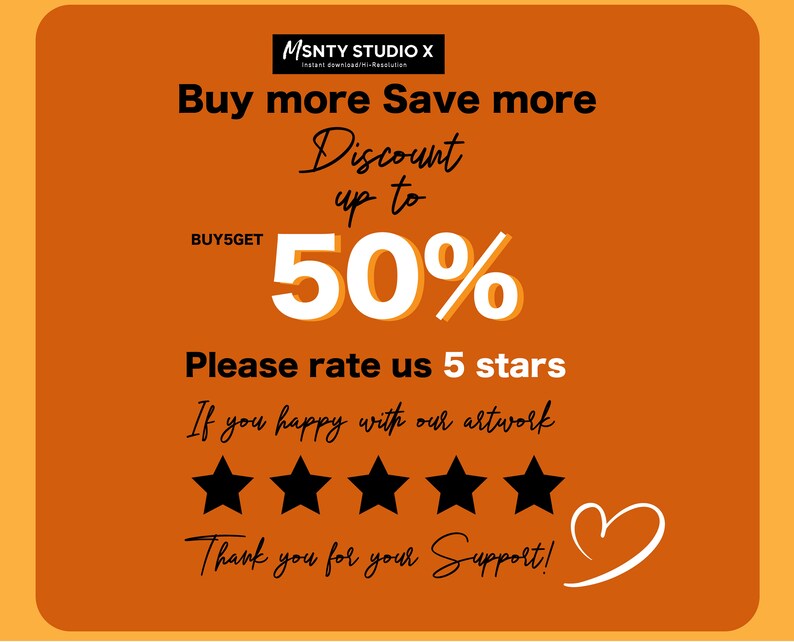 Pu&ograve; includere: Sfondo arancione con testo bianco che recita "Compra di pi&ugrave;, risparmia di pi&ugrave;" e "Sconto fino al 50%". Il testo "BUY5GET" &egrave; anche visibile. Sotto il testo c'&egrave; un sistema di valutazione con cinque stelle nere e il testo "Per favore, valutaci con 5 stelle". Il testo "Se sei contento della nostra opera d'arte" &egrave; anche visibile. Sotto il sistema di valutazione c'&egrave; il testo "Grazie per il tuo supporto!" con un cuore bianco disegnato accanto.