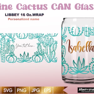 Full Wrap Linie Kaktus Glas Wrap Svg,Sommer Sukkulenten Dose Glas svg,Kakteen svg,16oz Libbey Can Glass Wrap,für Circut Cut File