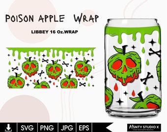 Poison Apple ,Halloween Libbey , Full wrap for 16oz Glass Can Cutfile, Glass Can Wrap,Digital Download, SVG Files for Cricut,Svg Dxf Png