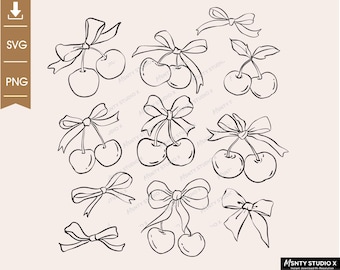 Hand Drawn Cherry Line Art: Coquette SVG PNG (Digital Download)