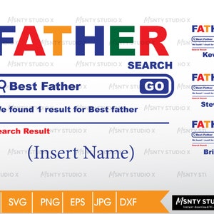 May include: A digital illustration of a search bar with the text "Best Father" in the search field. The search results show three different names: Kevin, Steven, and Brian. The illustration is in a colorful, cartoon style with a blue, red, green, and yellow color scheme.