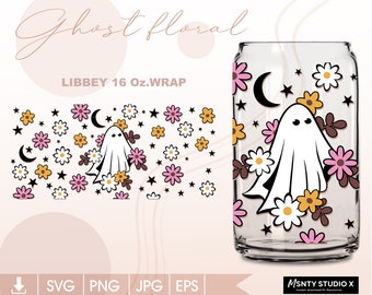 Floral Ghost Libbey Glass Can Wrap: Halloween SVG PNG DXF (Digital Download)