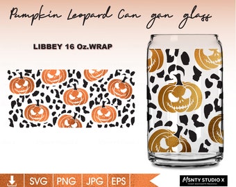May include: A 16 ounce can wrap design featuring a white background with black leopard print and orange pumpkin faces. The text "LIBBEY 16 Oz.WRAP" is at the top of the design.