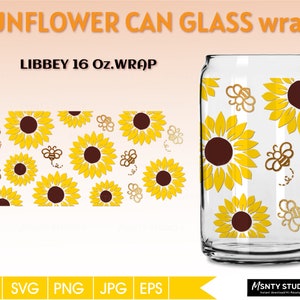 Sunflower can Glass Wrap Svg ,Libbey 16oz can glass svg, Coffee glass can, Beer glass svg png dxf, Can Glass Wrap,for Circut cut file