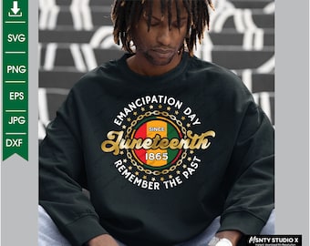 Könnte beinhalten: Ein schwarzes Sweatshirt mit einem goldenen und roten Grafikdesign, auf dem "Emancipation Day Juneteenth Since 1865 Remember The Past" steht.
