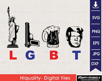Könnte beinhalten: Schwarzweißes Silhouettendesign der Freiheitsstatue, einer Pistole, eines Bierkruges und eines Männerkopfes mit den Buchstaben LGBT in Rot und Blau.
