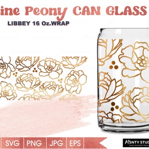 Full wrap Line Peony flower svg,Peonies , Flower can glass svg,Peone flower svg , flora svg,16oz Libbey Can Glass Wrap,for Circut cut file