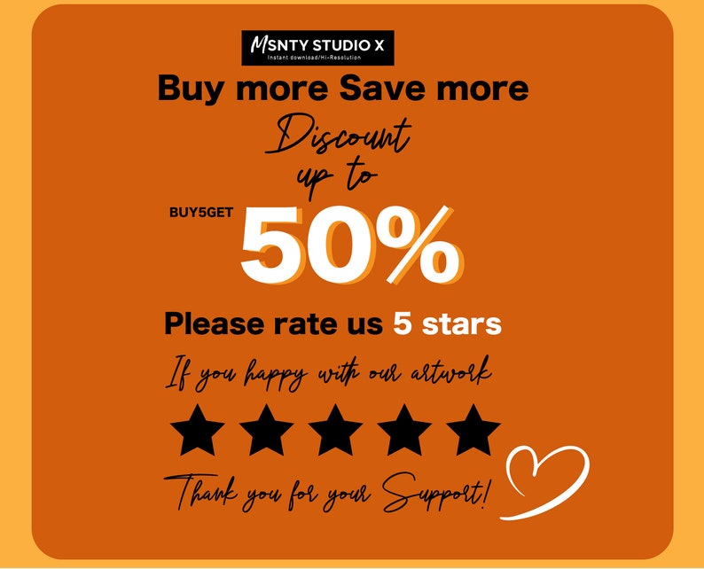 Pu&ograve; includere: Sfondo arancione con testo bianco che recita "Compra di pi&ugrave;, risparmia di pi&ugrave;" e "Sconto fino al 50%". Il testo "BUY5GET" &egrave; anche visibile. Sotto il testo c'&egrave; un sistema di valutazione con cinque stelle nere e il testo "Per favore, valutaci con 5 stelle". Il testo "Se sei contento della nostra opera d'arte" &egrave; anche visibile. Sotto il sistema di valutazione c'&egrave; il testo "Grazie per il tuo supporto!" con un cuore bianco disegnato accanto.
