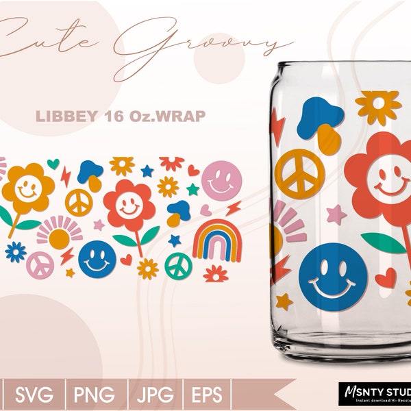 Full wrap Cute Groovy can glass wrap svg , for 16oz Glass Can Cut File, Libbey Can Glass Wrap, Svg Dxf Png Files, for Circut cut file