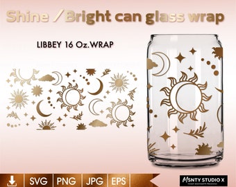 May include: A digital download of a sun and moon design for a 16 ounce can glass wrap. The design features a gold color and includes a variety of sun and moon shapes, stars, and clouds. The design is perfect for adding a touch of whimsy to your favorite beverage.