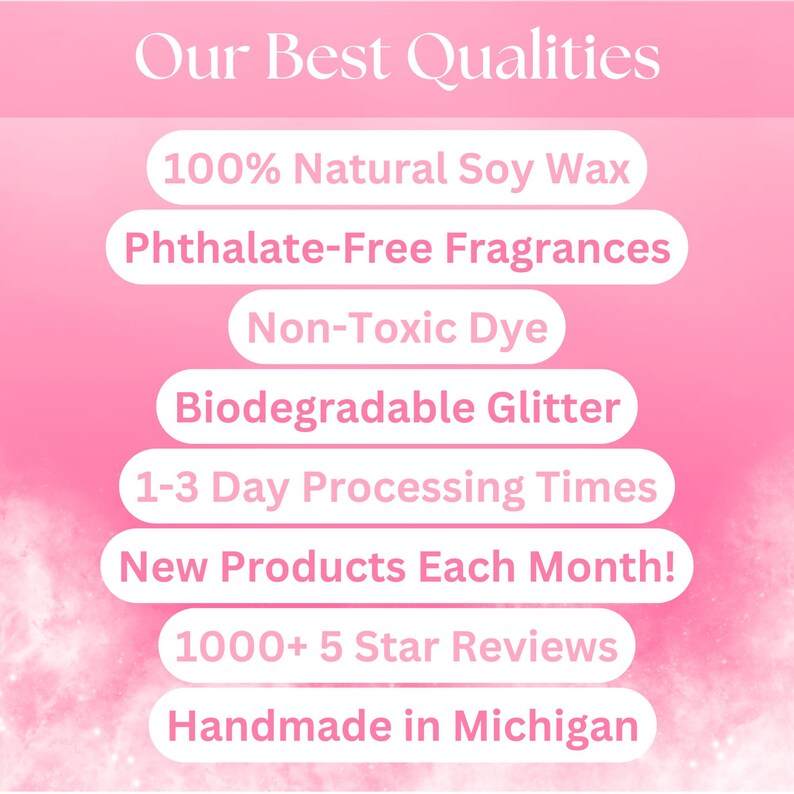 May include: A pink graphic lists product qualities. Text includes "100% Natural Soy Wax", "Phthalate-Free Fragrances", "Non-Toxic Dye", "Biodegradable Glitter", "1-3 Day Processing Times", "New Products Each Month!", "1000+ 5 Star Reviews", and "Handmade in Michigan."